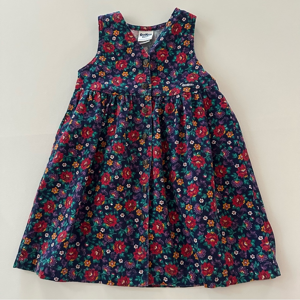 Vintage OshKosh USA Girls 4 Floral Corduroy Dress Red Blue Purple Green